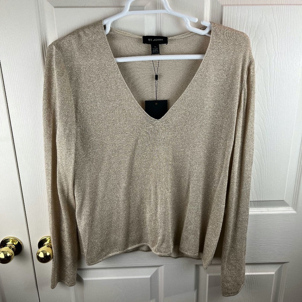 St. John V-Neck Long Sleeve Gold Glitter Sparkle Sweater XL